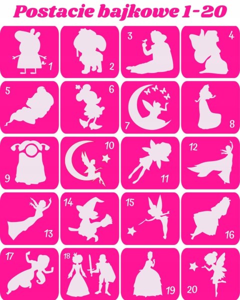 POSTACIE BAJKOWE 1-20- szablony do tatuazy brokatowych